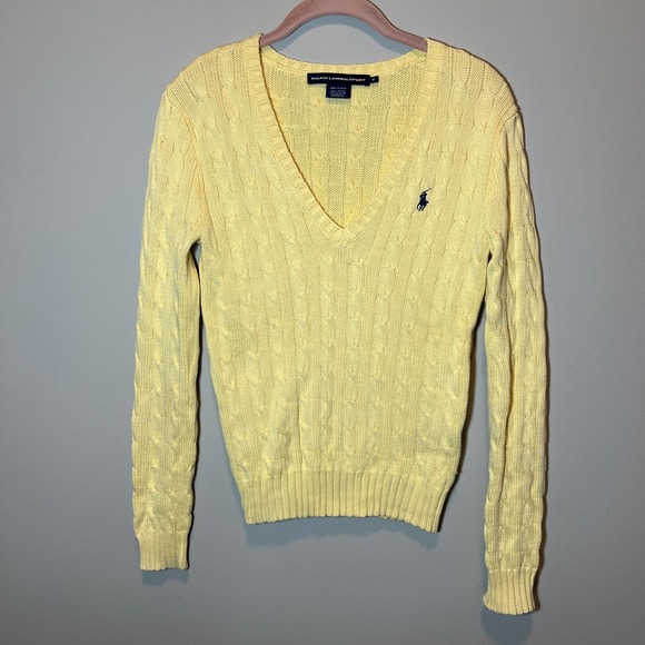 Ralph Lauren Sport Sweaters - Ralph Lauren Sport Womens Yellow Cable Knit V-Neck Cotton Sweater Size M